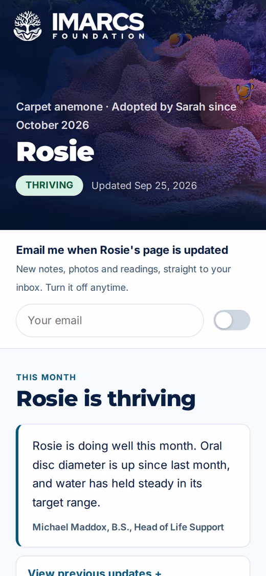 The same page on a phone, with the monthly note and update email switch