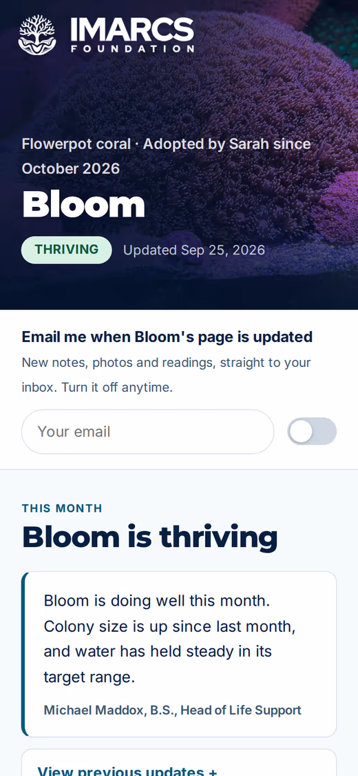 The same page on a phone, with the monthly note and update email switch