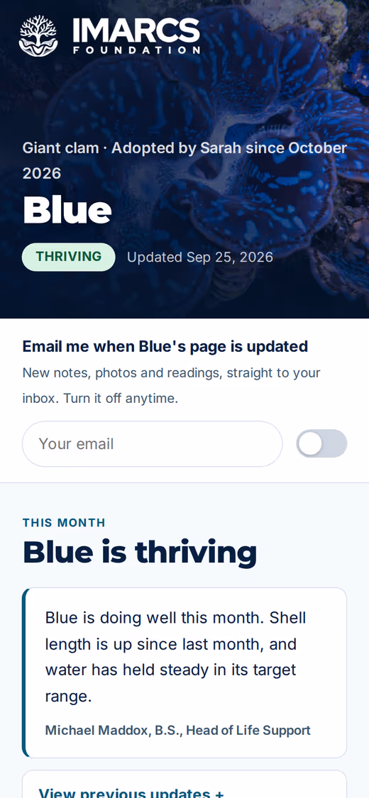 The same page on a phone, with the monthly note and update email switch