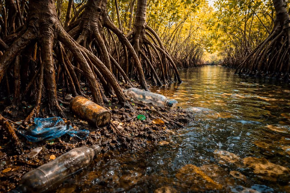 Mangrove roots trapping plastic debris along a coastal channel